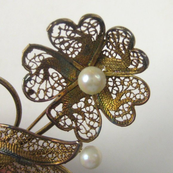 Flower Spray Brooch Pin Goldone Vintage 2.2 inch Estate Imitation Pearl Filigree - Picture 4 of 5